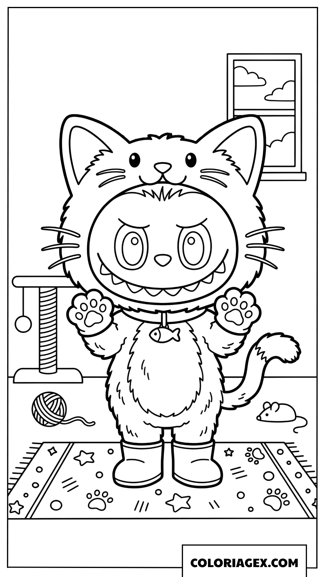 Dessin Labubu costume en chat dans sa chambre