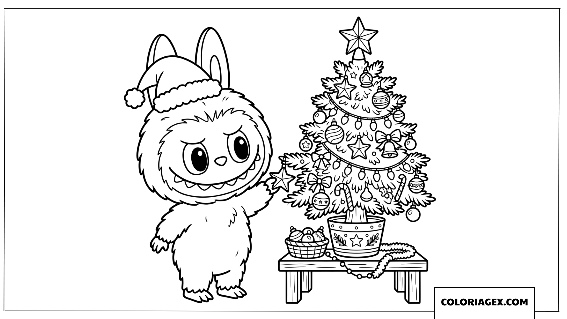 Dessin Labubu decore le sapin de Noel scintillant