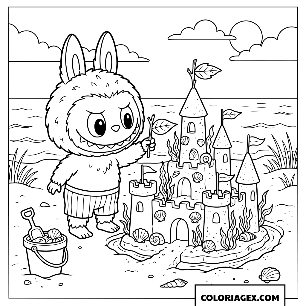 Dessin Labubu décore un château de sable