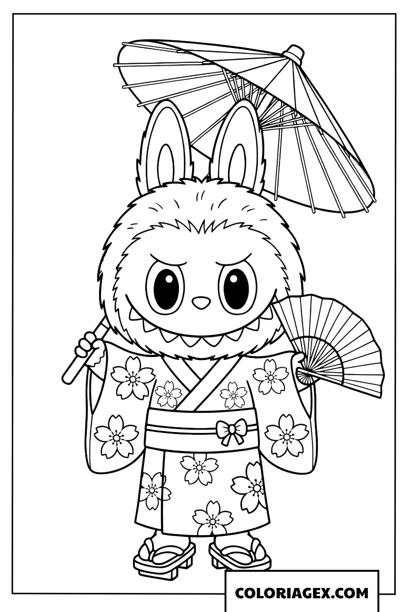Dessin Labubu en kimono avec ombrelle et eventail