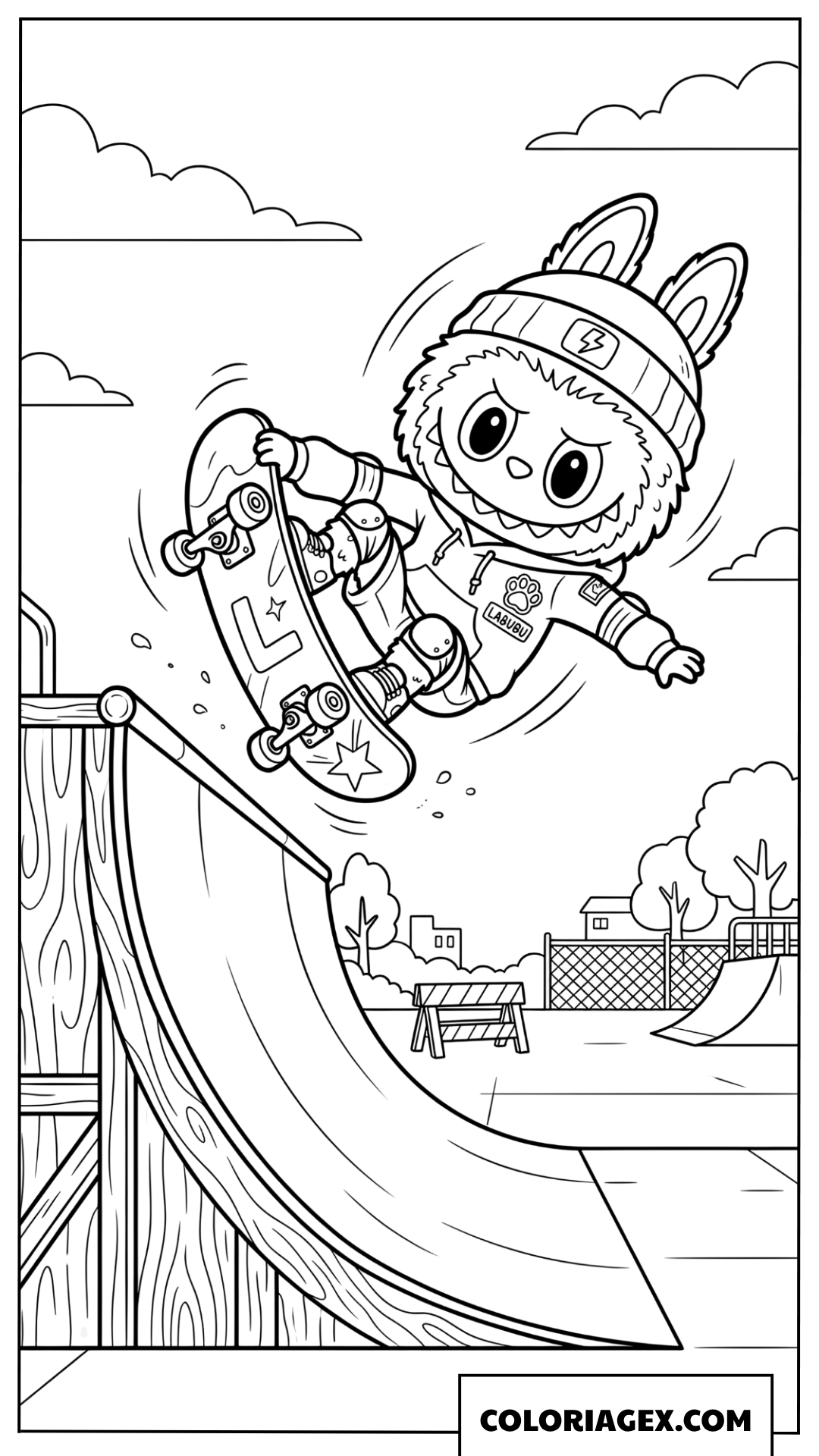 Dessin Labubu fait du skate au parc