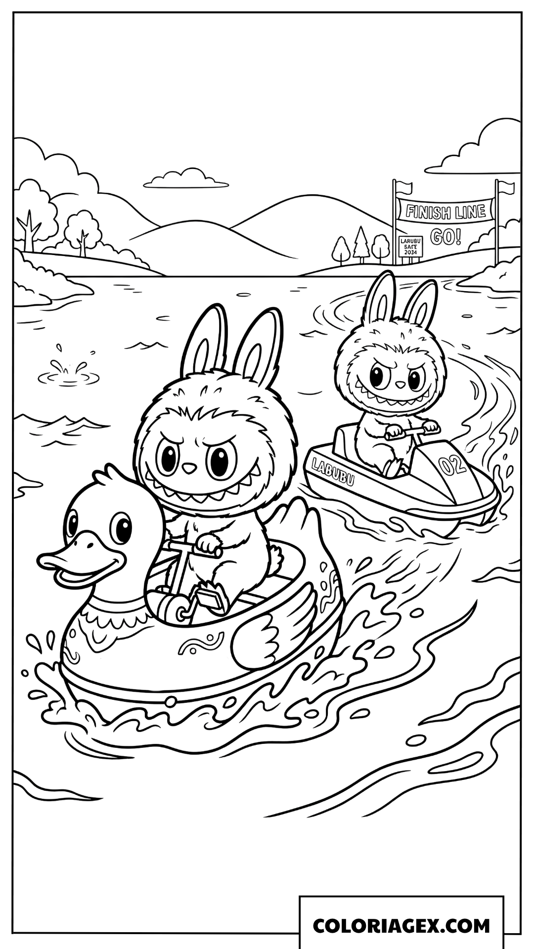 Dessin Labubu fait la course en jet ski sur l eau