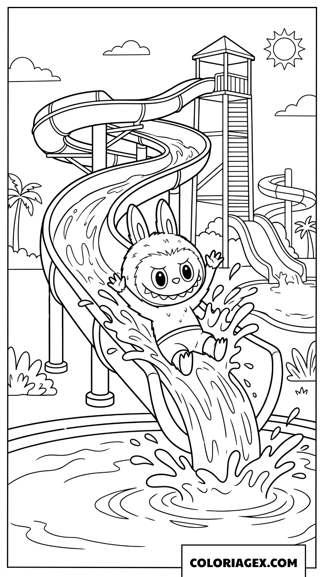 Dessin Labubu glisse sur un toboggan aquatique