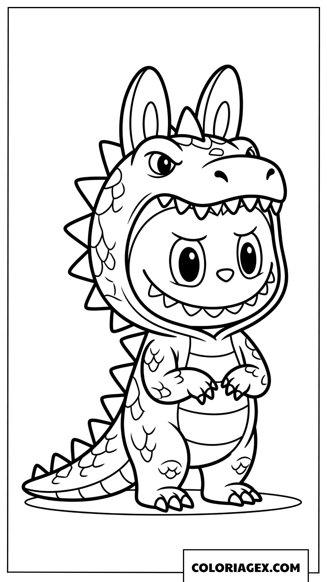 Dessin Labubu mignon portant un costume de dinosaure