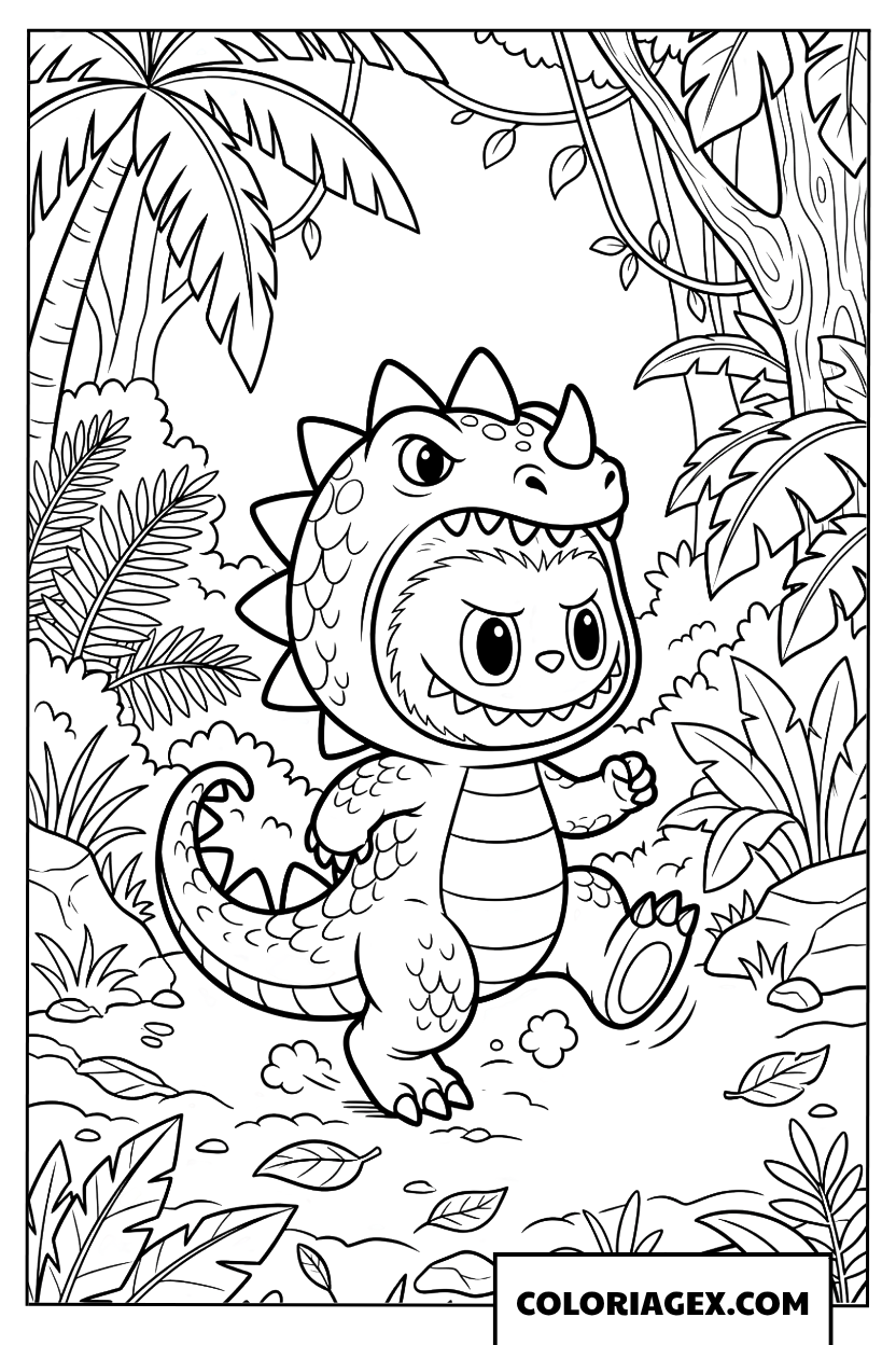 Dessin Labubu portant un costume de dinosaure