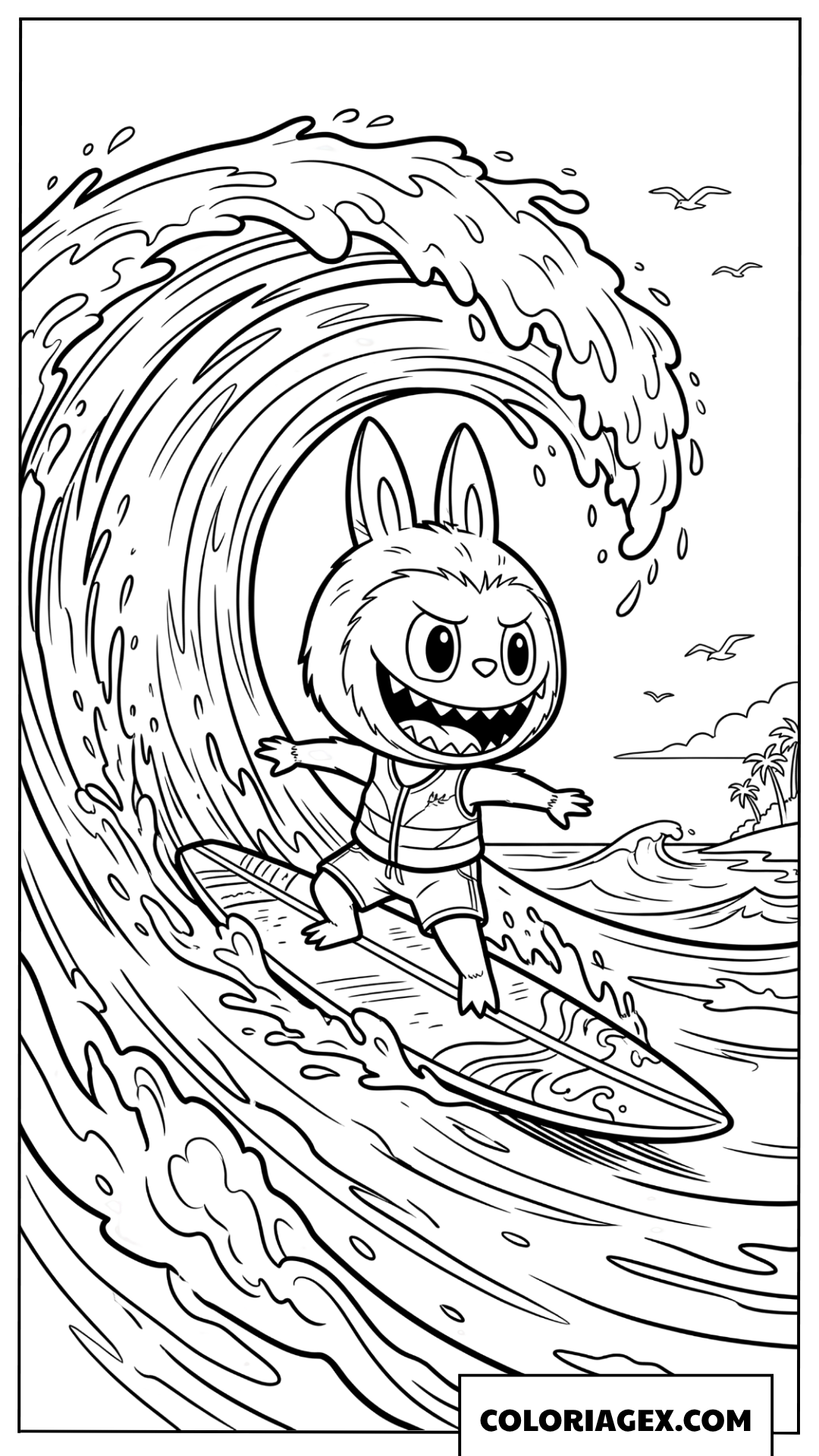 Dessin Labubu surfant sur une vague geante