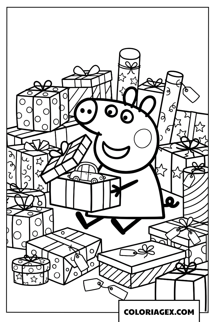 Dessin Peppa Pig entouree de nombreux cadeaux anniversaire