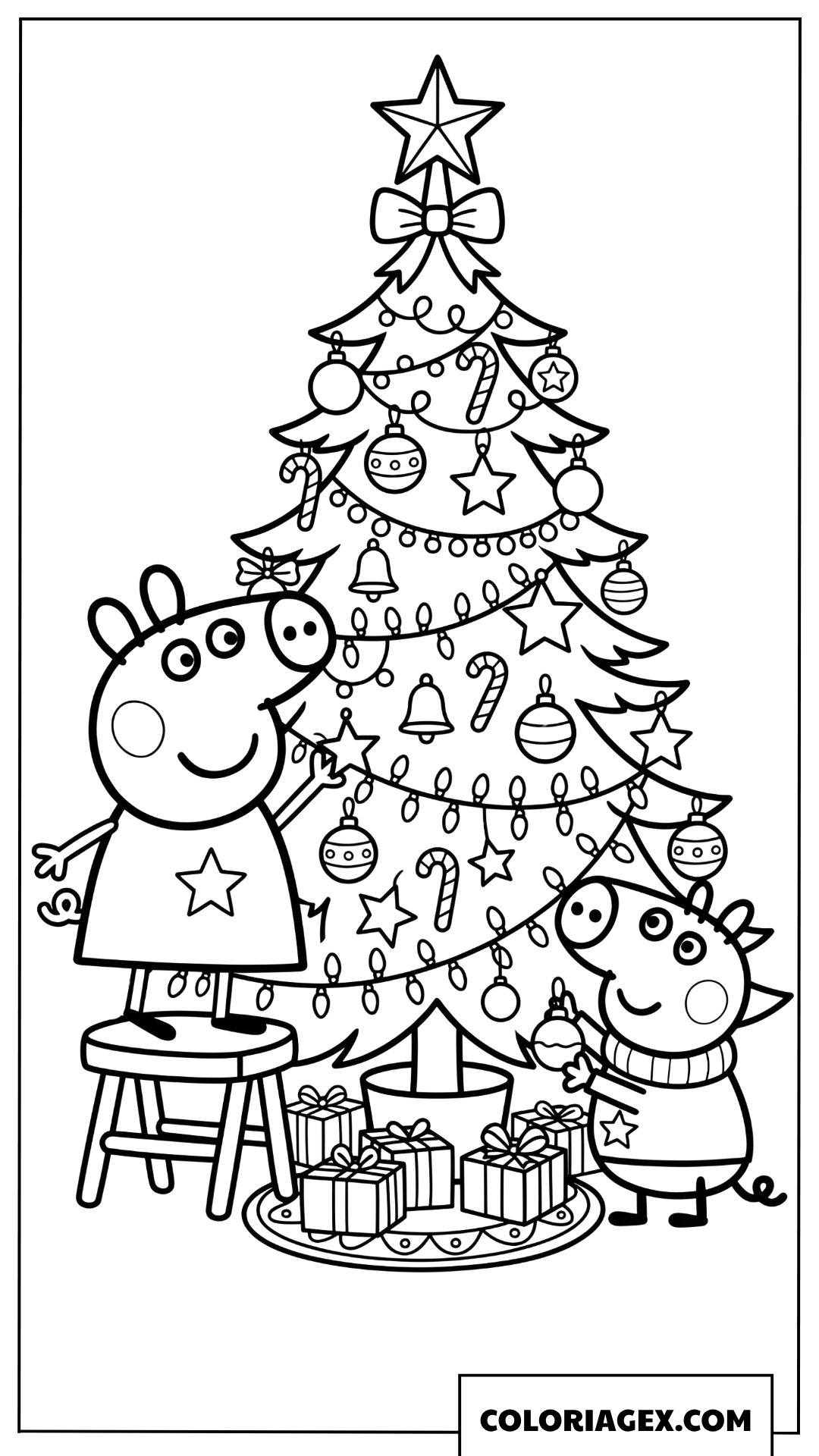 Dessin Peppa Pig et George decorant le sapin de Noel