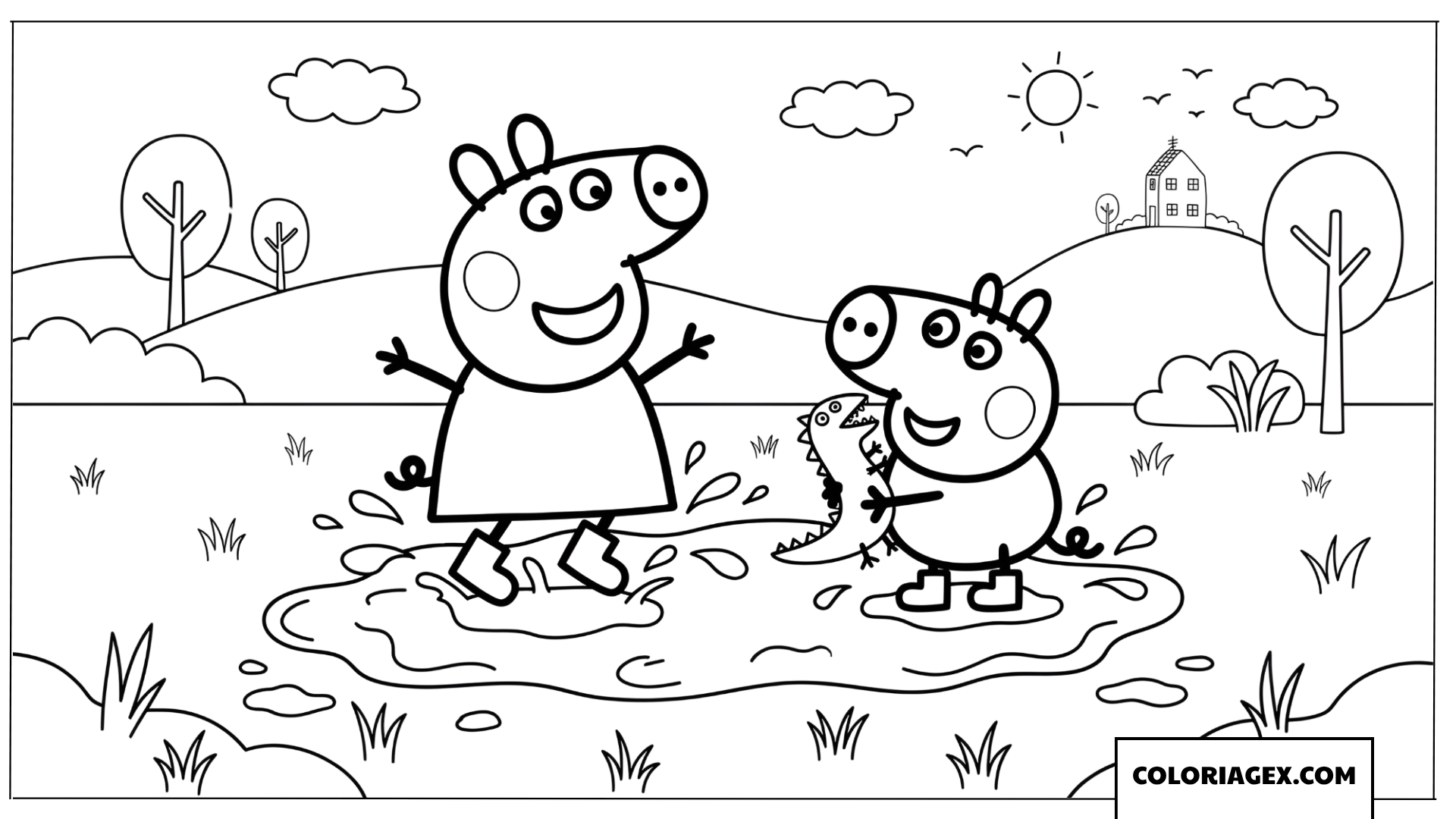 Dessin Peppa Pig et George sautent dans les flaques de boue