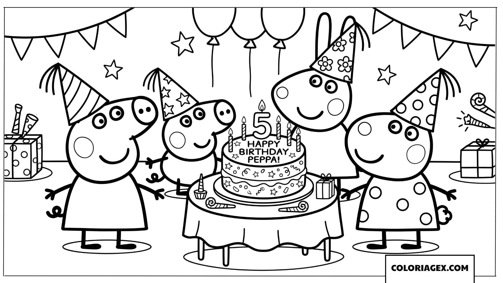 Dessin Peppa Pig et ses amis autour du gateau anniversaire