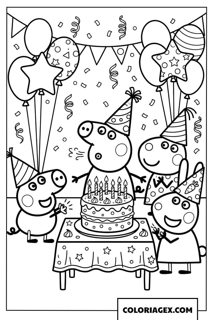 Dessin Peppa Pig et ses amis celebrent un anniversaire avec un gateau