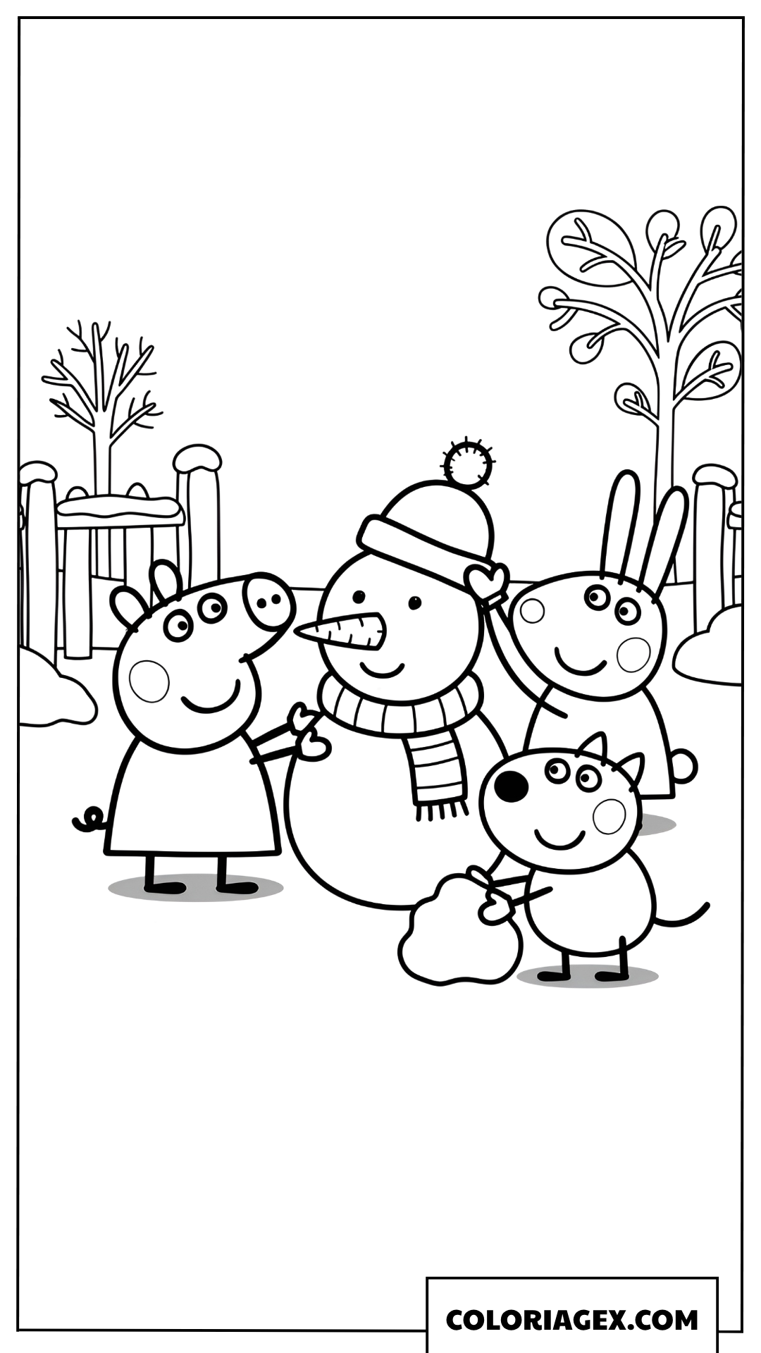 Dessin Peppa Pig et ses amis construisent un bonhomme de neige en hiver