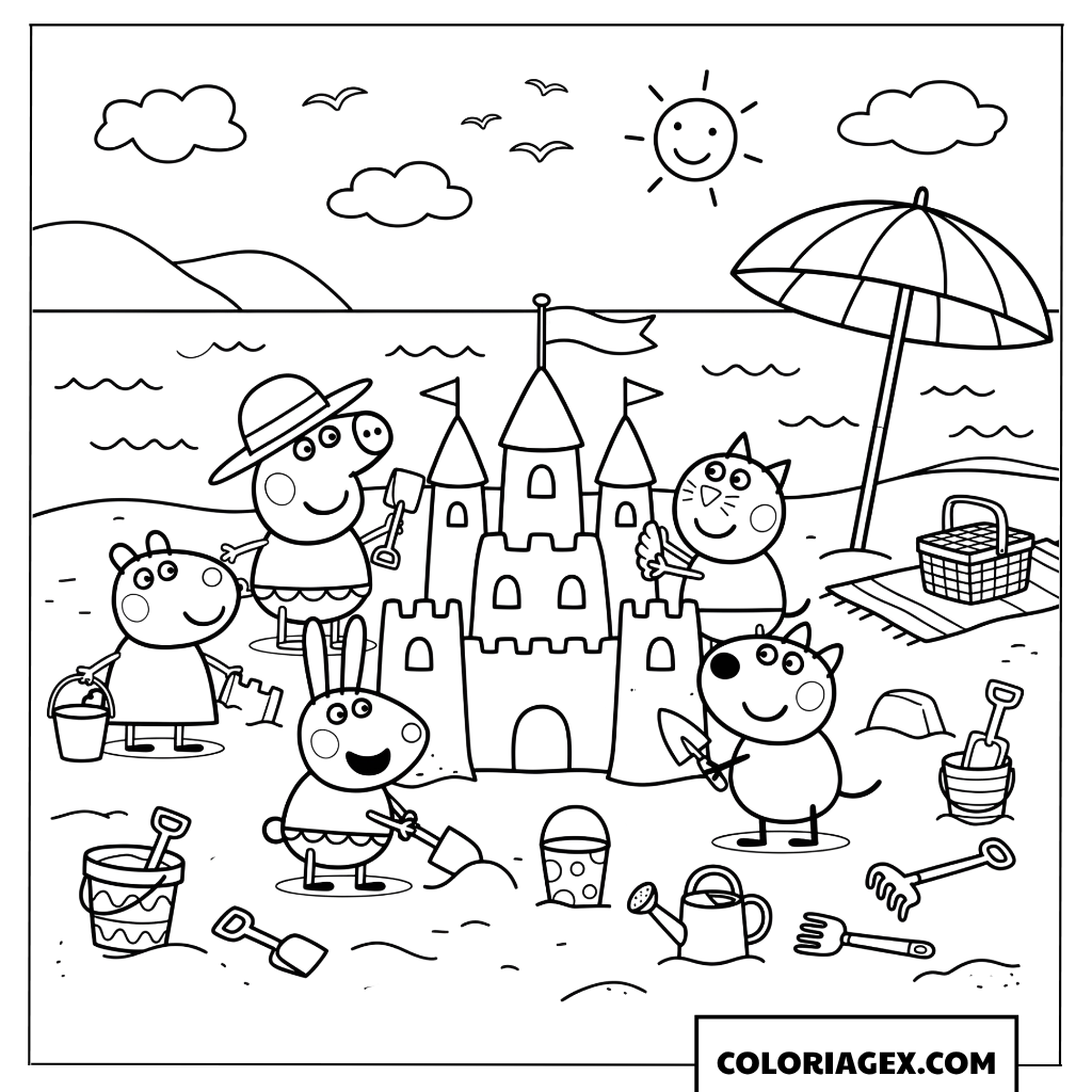 Dessin Peppa Pig et ses amis construisent un chateau de sable