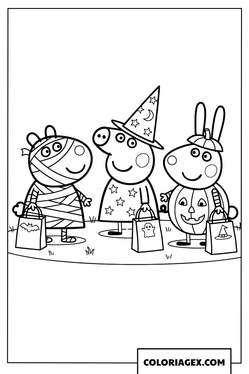 Dessin Peppa Pig et ses amis deguises pour Halloween