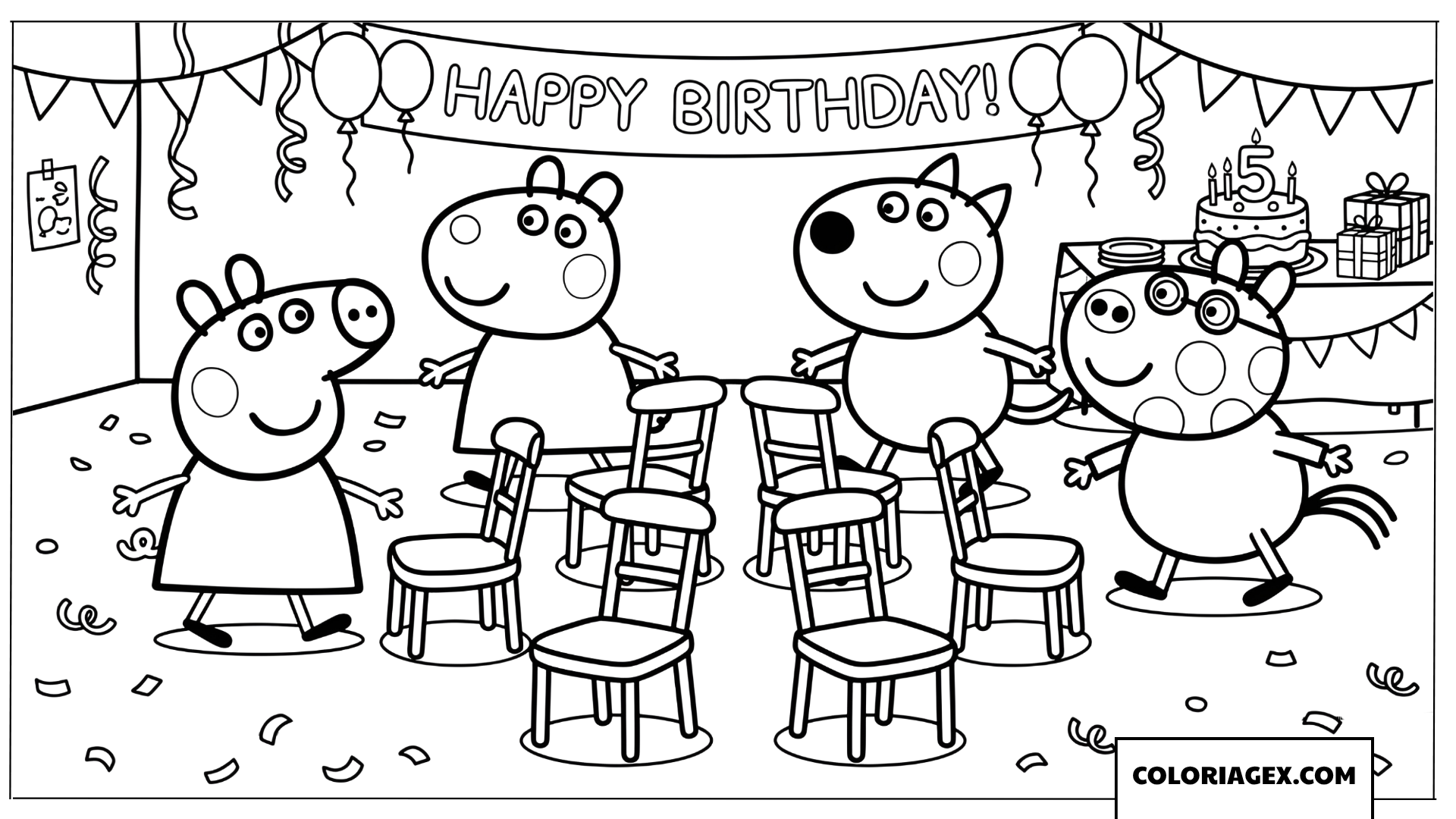 Dessin Peppa Pig et ses amis jouant au jeu des chaises musicales