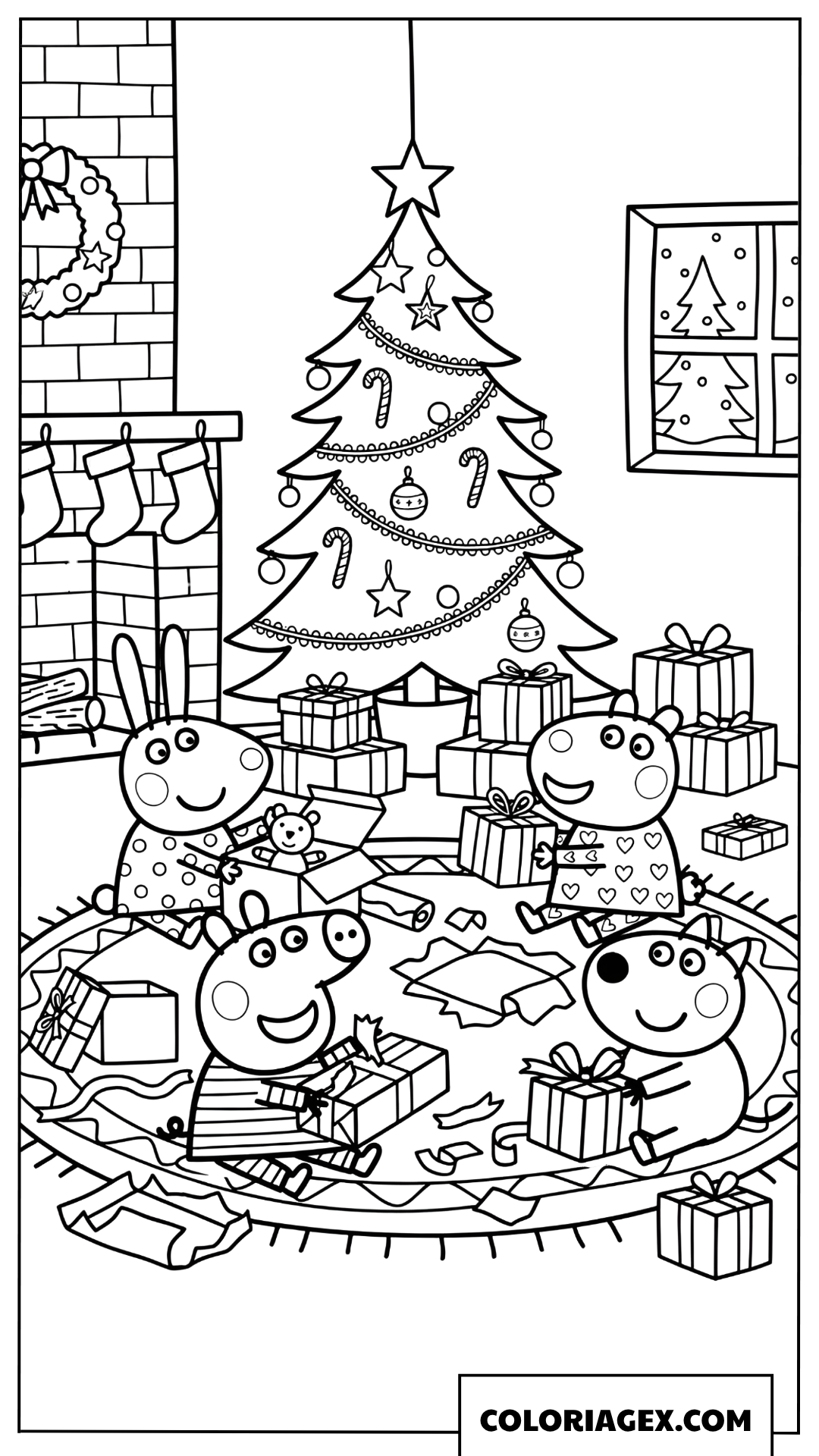 Dessin Peppa Pig et ses amis ouvrent des cadeaux de Noel sous le sapin