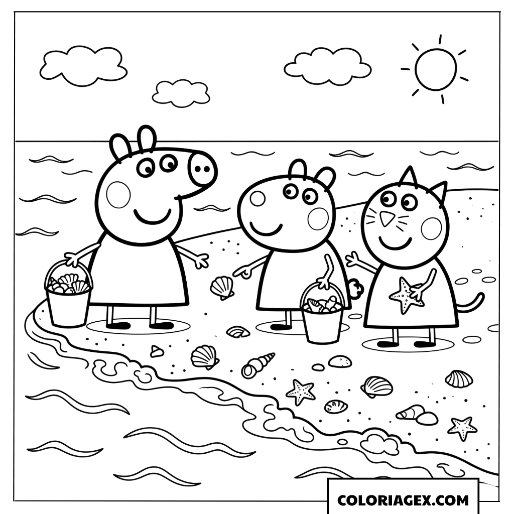 Dessin Peppa Pig et ses amis ramassent des coquillages au bord de la mer