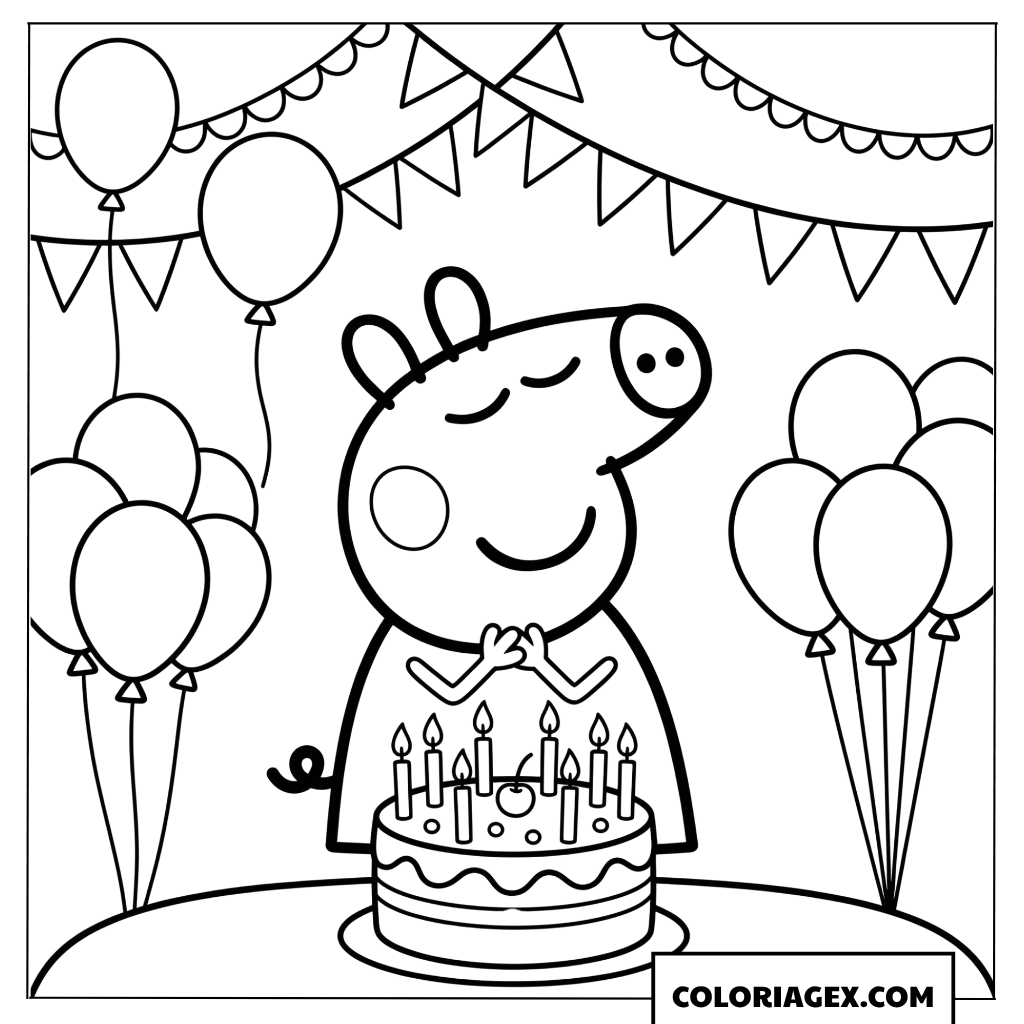 Dessin Peppa Pig faisant un voeu devant son gateau anniversaire