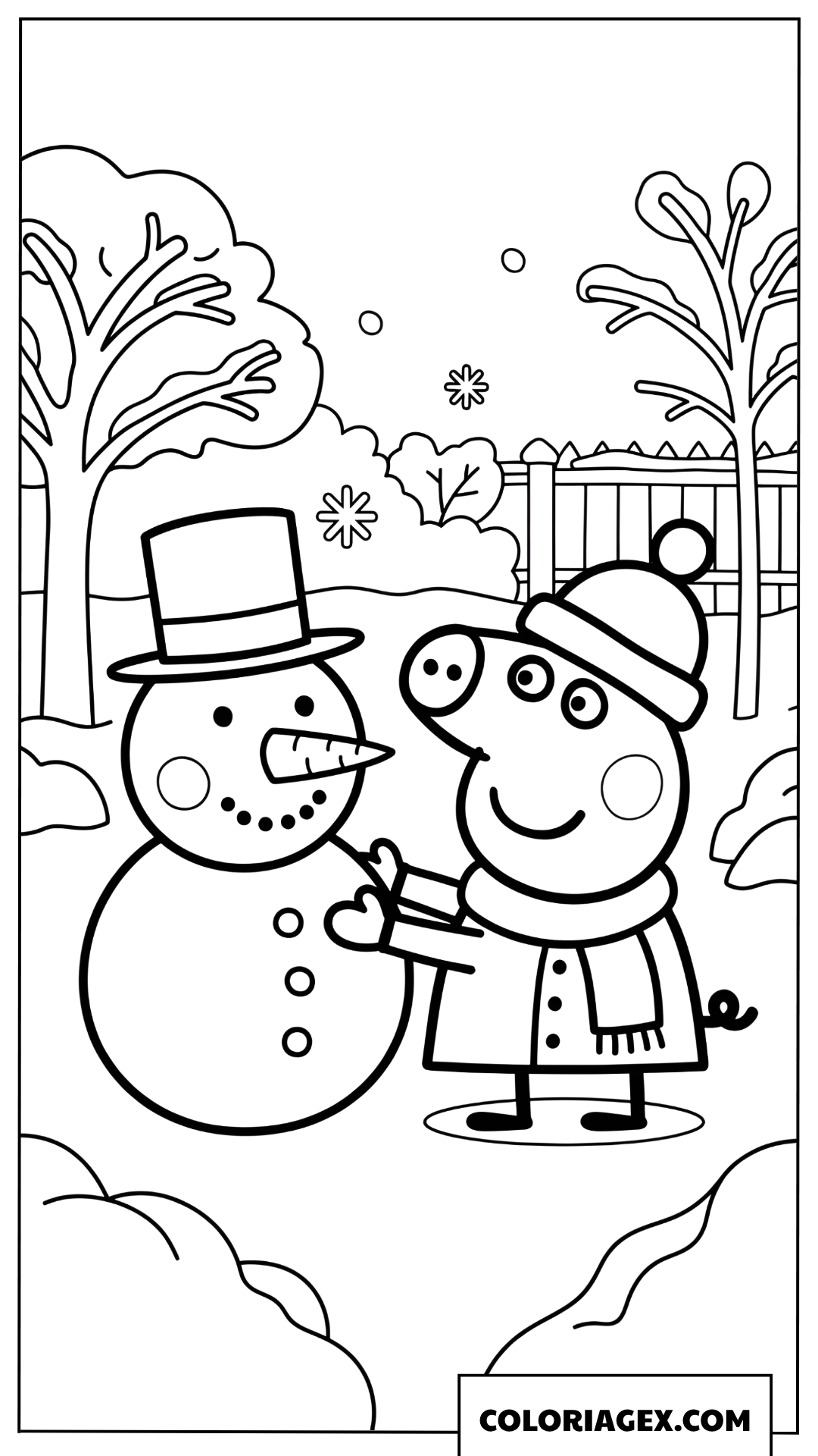 Dessin Peppa Pig jouant avec un bonhomme de neige