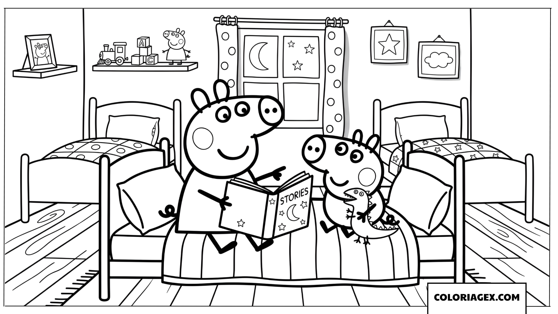 Dessin Peppa Pig lisant une histoire a George avant de dormir