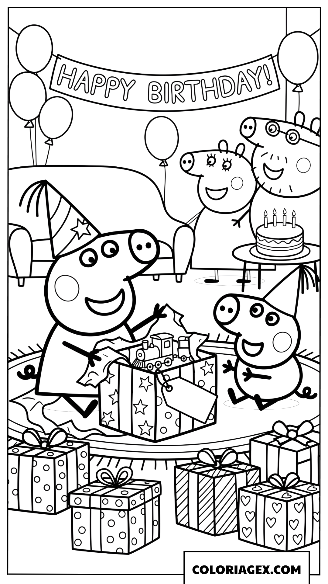 Dessin Peppa Pig ouvrant ses cadeaux d anniversaire en famille