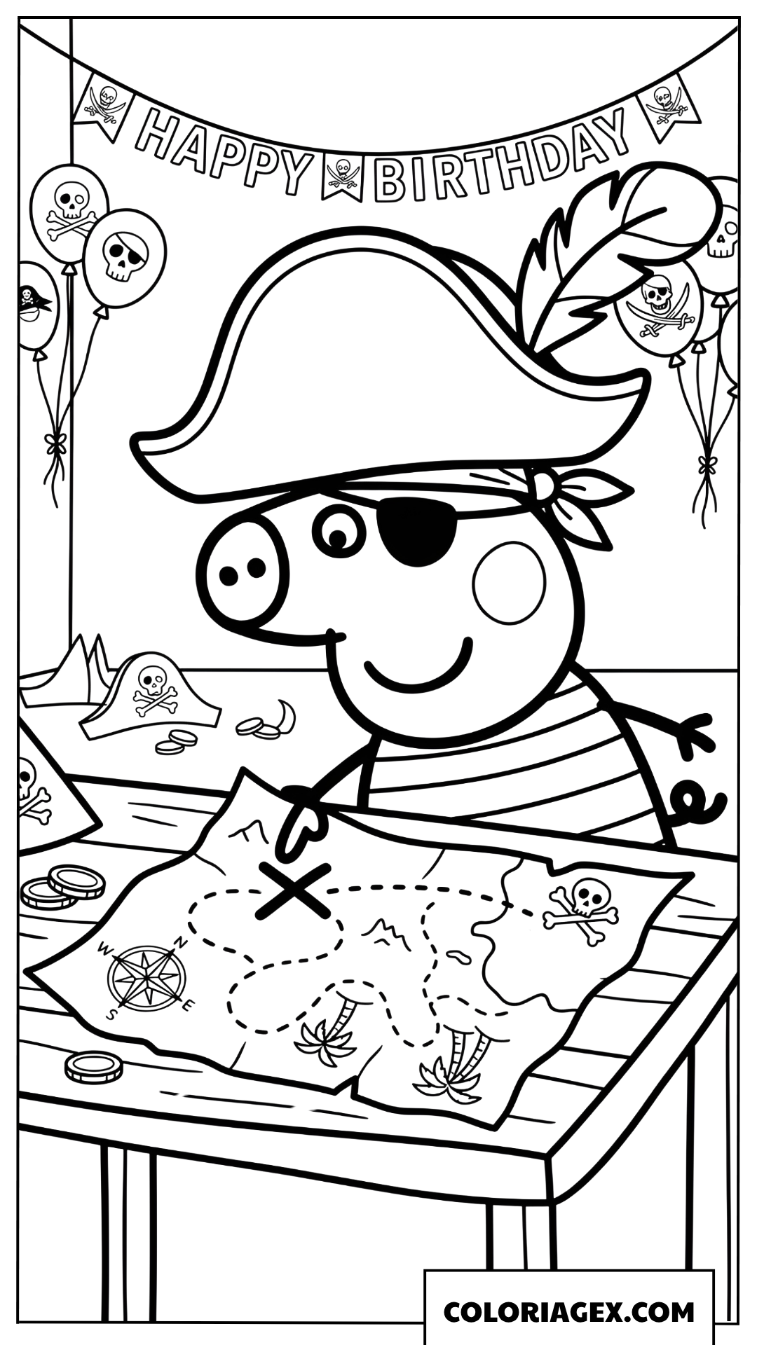 Dessin Peppa Pig pirate cherchant tresor anniversaire