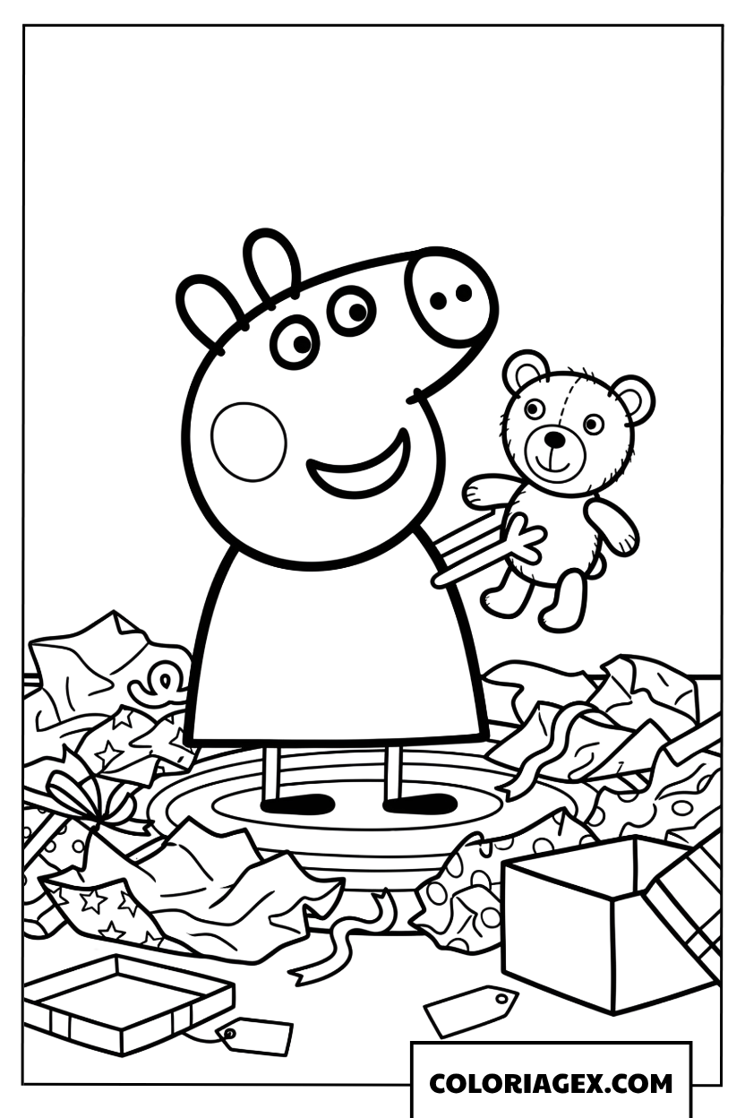 Dessin Peppa Pig tenant un ours en peluche parmi cadeaux