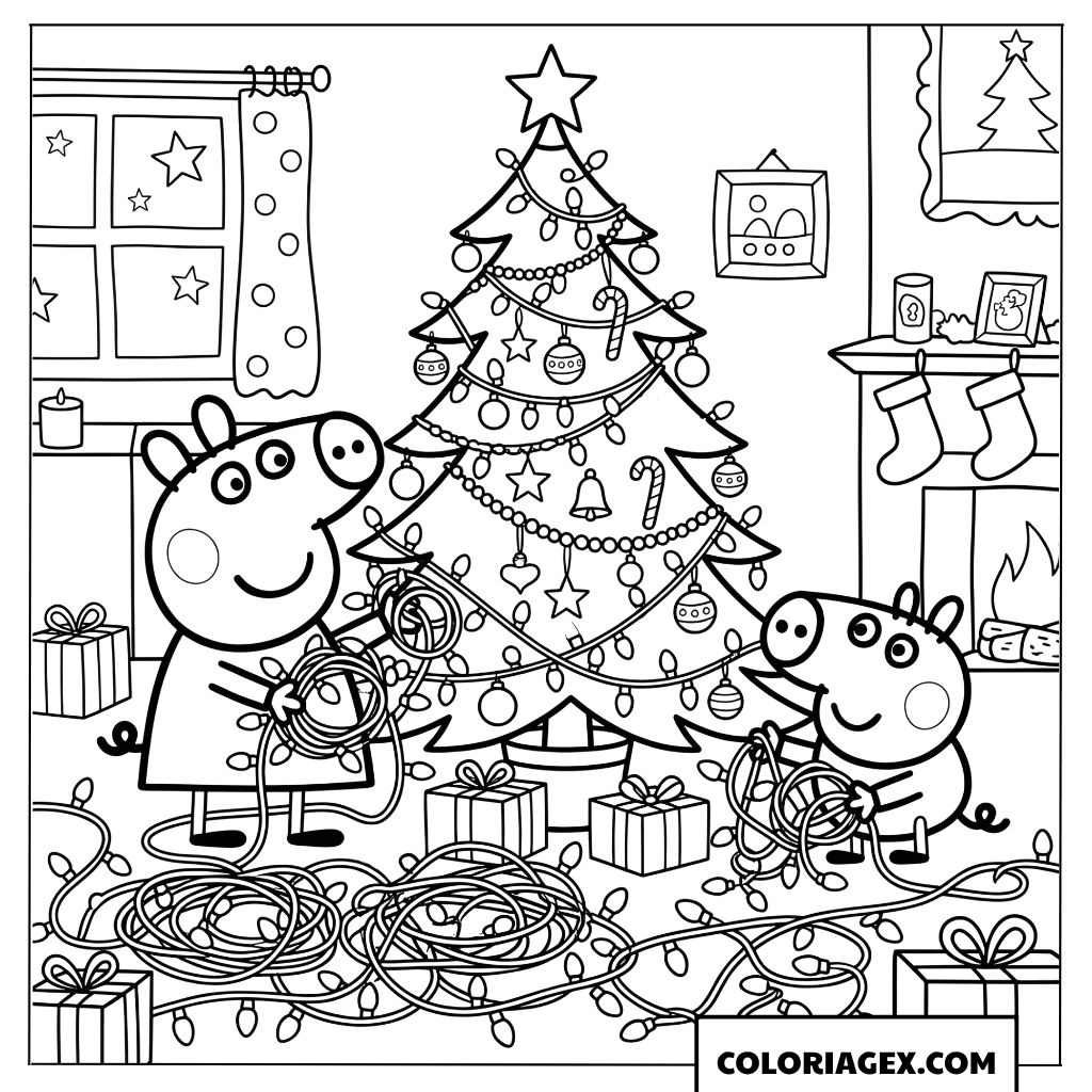 Dessin Peppa et George demelent les guirlandes de Noel