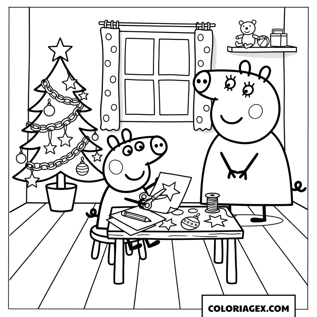 Dessin Peppa fabrique des decorations de Noel avec maman