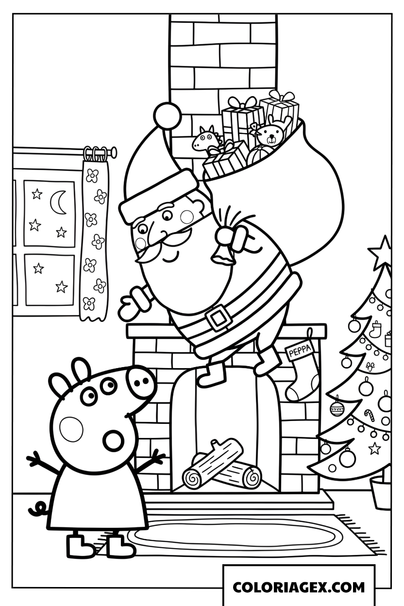 Dessin Pere Noel arrive chez Peppa Pig par la cheminee