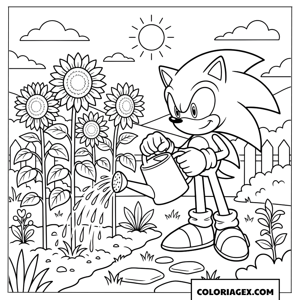 Dessin Sonic arrose les tournesols au printemps