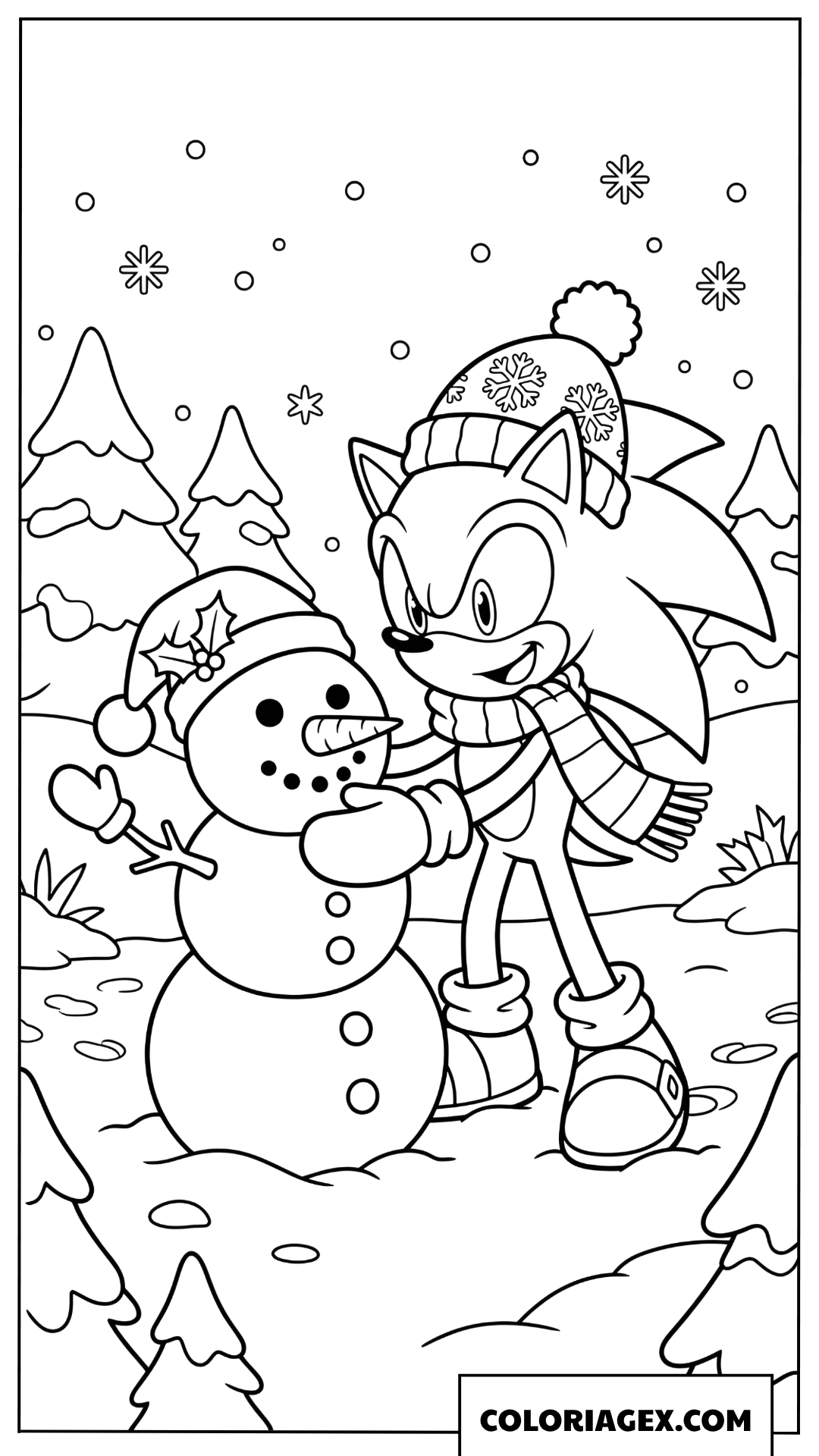 Dessin Sonic construisant un bonhomme de neige en hiver