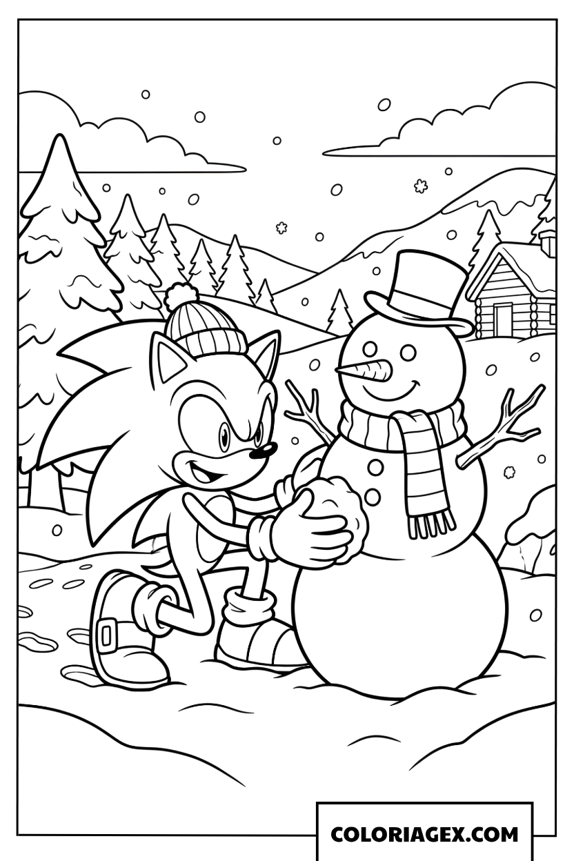 Dessin Sonic construit un bonhomme de neige