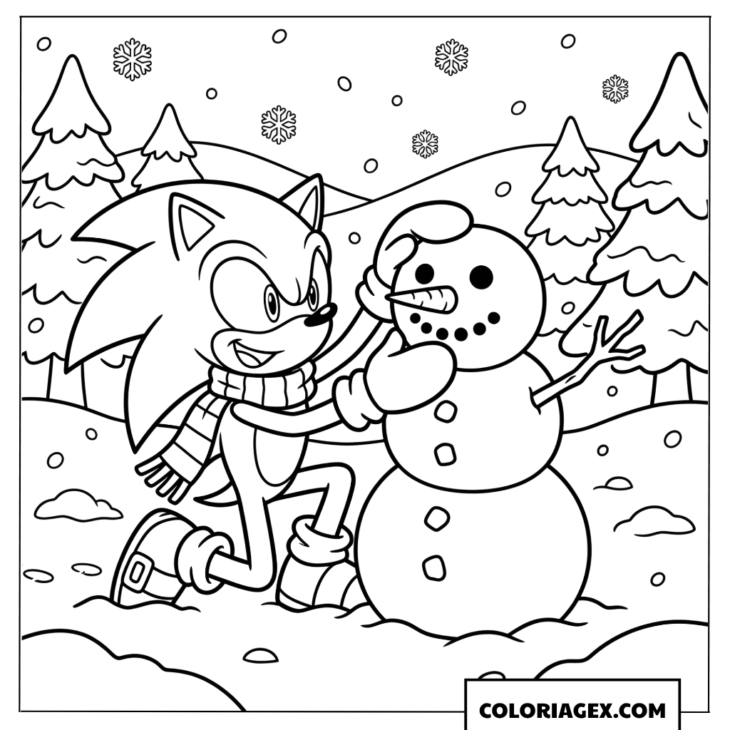 Dessin Sonic construit un bonhomme de neige