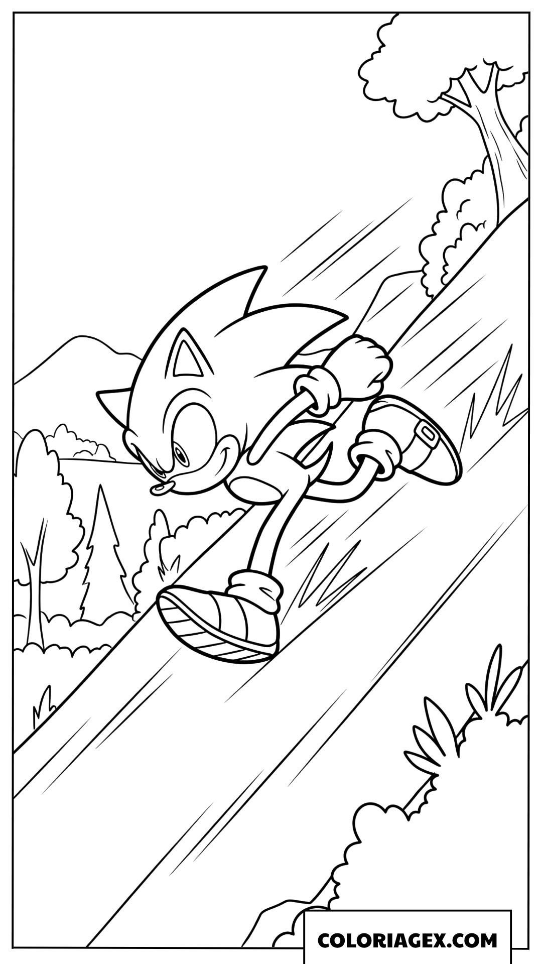 Dessin Sonic courant a toute vitesse en descente