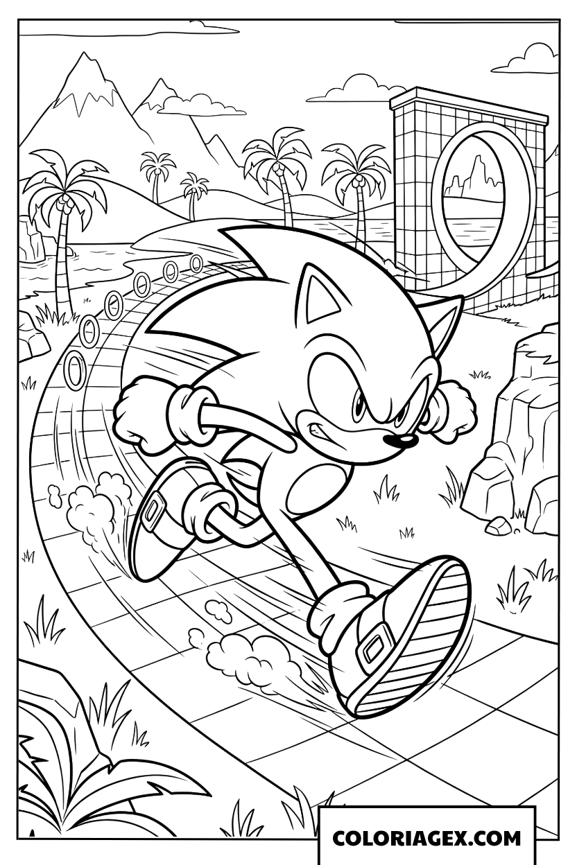 Dessin Sonic courant sur une piste en boucle daventure