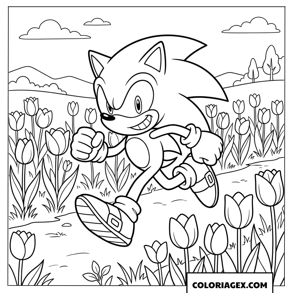 Dessin Sonic court dans un champ de tulipes au printemps