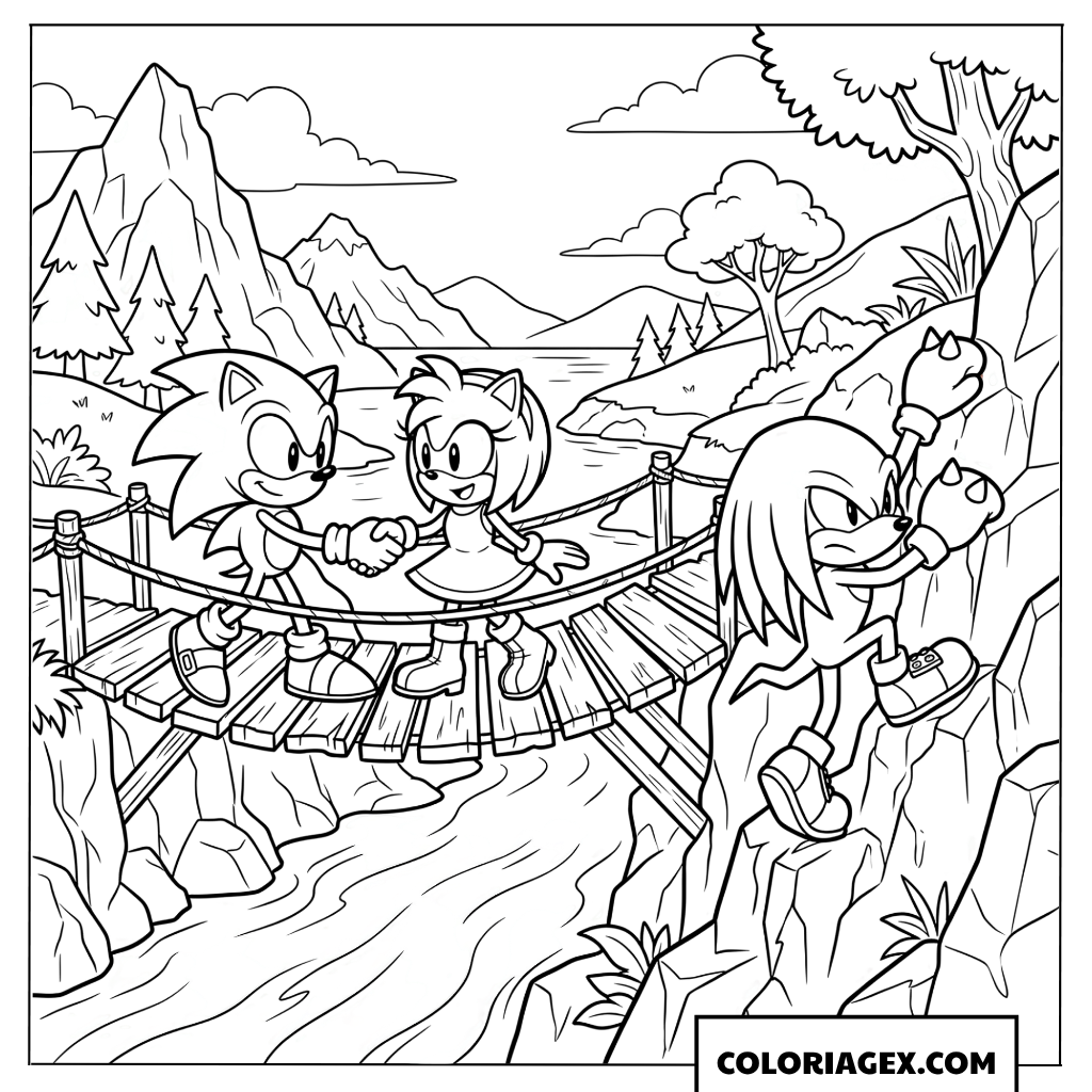 Dessin Sonic et Amy traversant un pont suspendu dans la nature