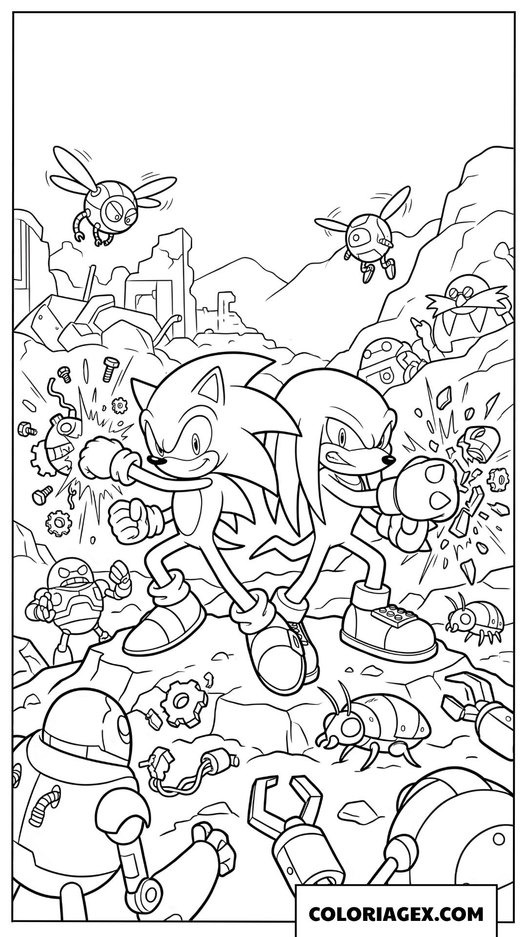 Dessin Sonic et Knuckles combattant les robots ennemis