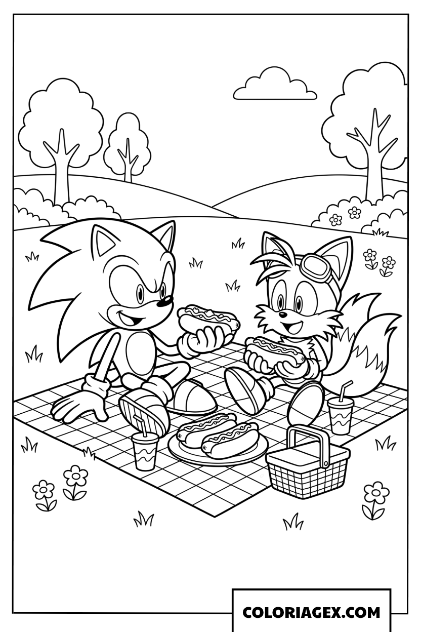 Dessin Sonic et Tails en pique nique dans le parc