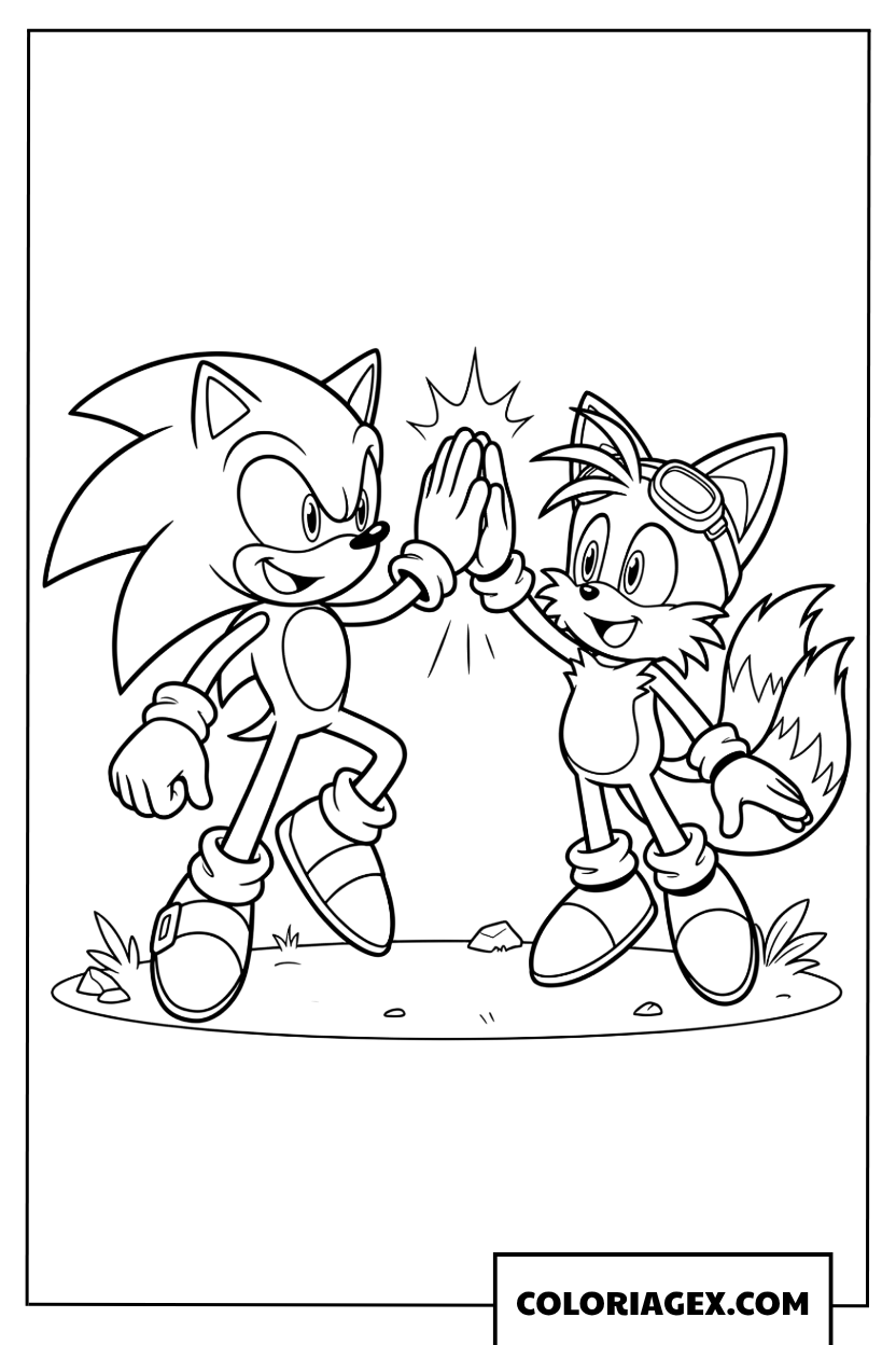 Dessin Sonic et Tails faisant un high five de victoire