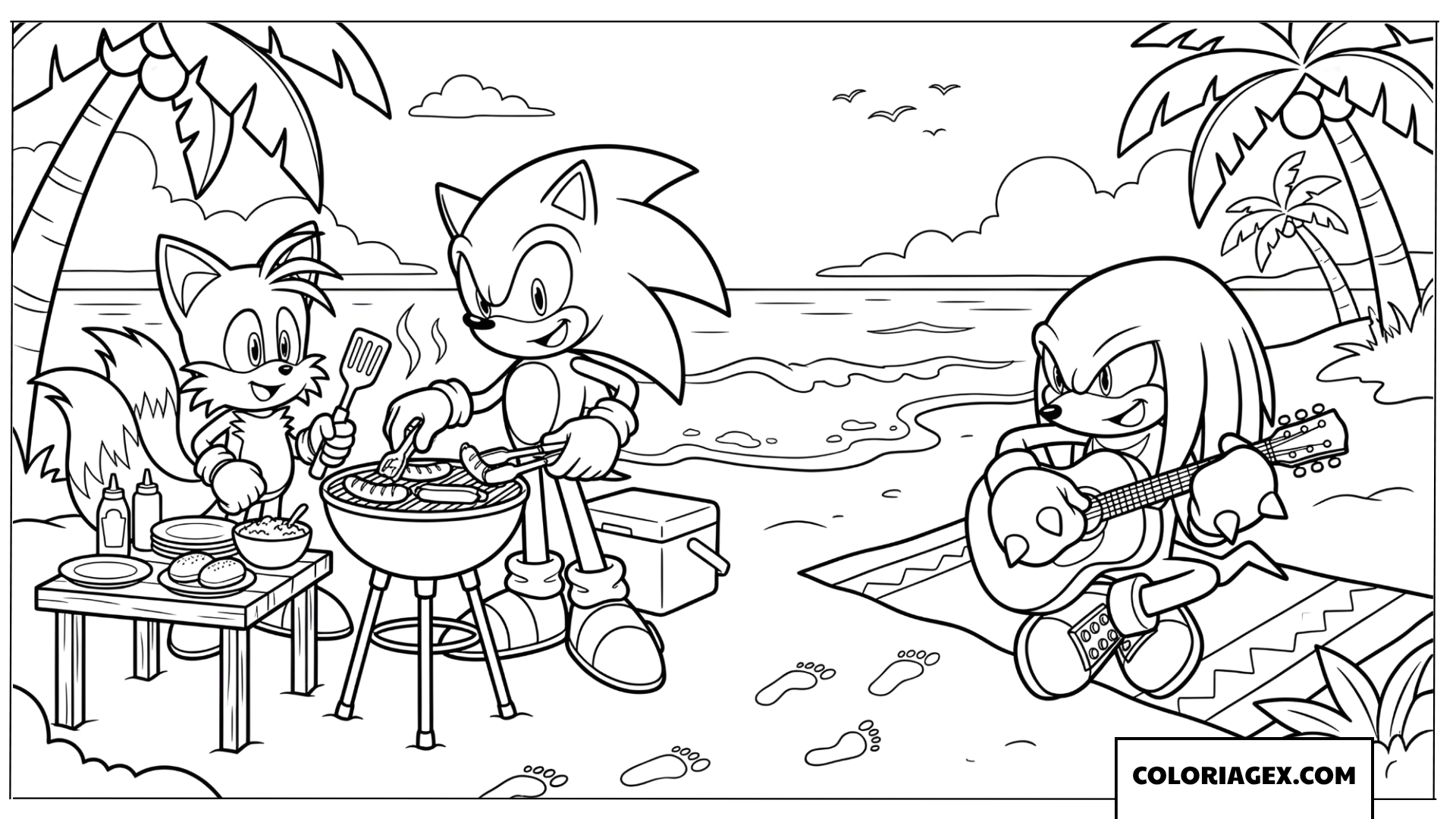 Dessin Sonic et Tails font un barbecue sur la plage