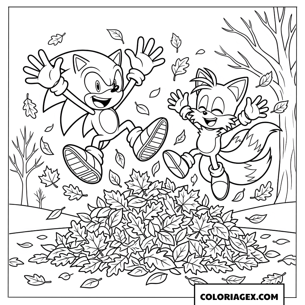 Dessin Sonic et Tails jouent avec les feuilles dautomne