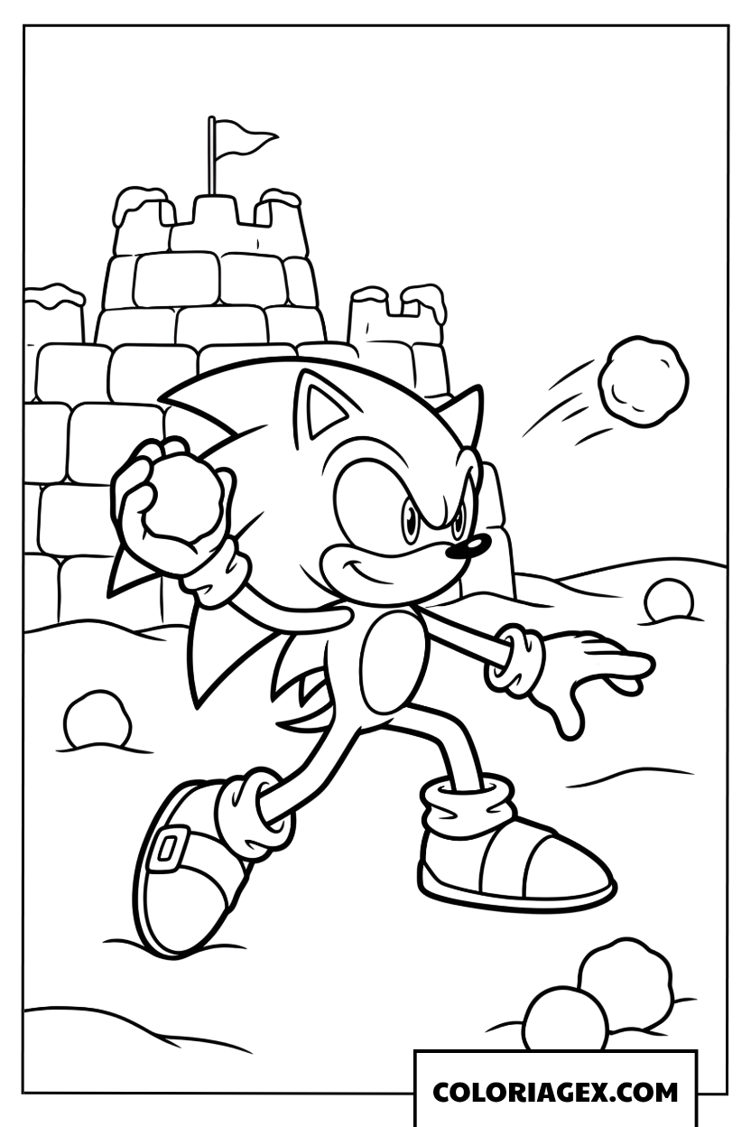 Dessin Sonic lance une boule de neige en hiver
