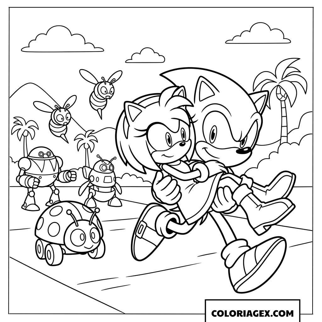 Dessin Sonic porte Amy Rose en securite