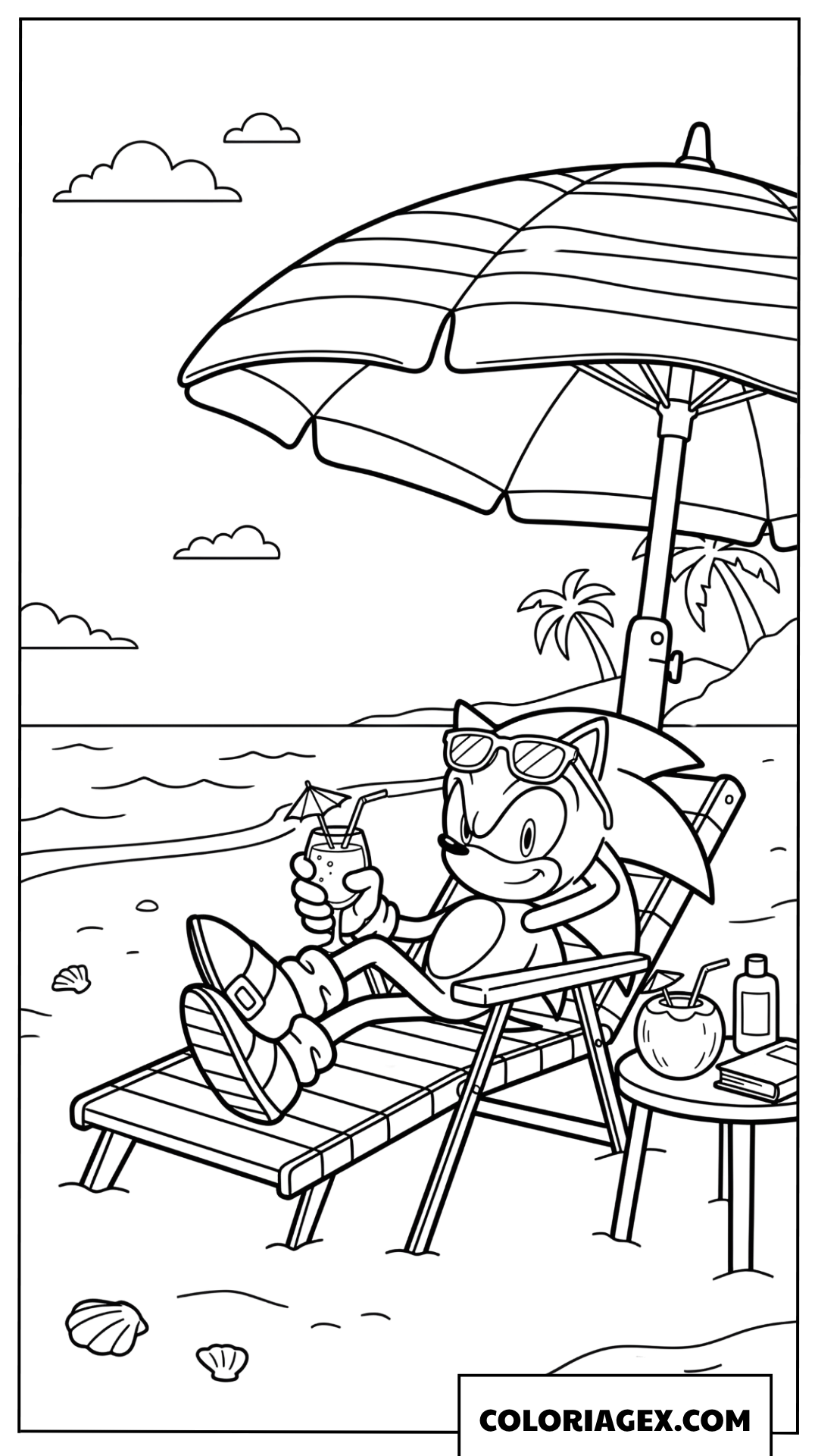 Dessin Sonic se relaxant sur la plage en ete