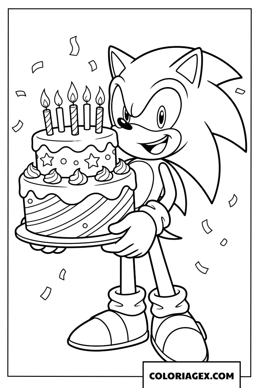 Dessin Sonic tient son gateau danniversaire avec joie