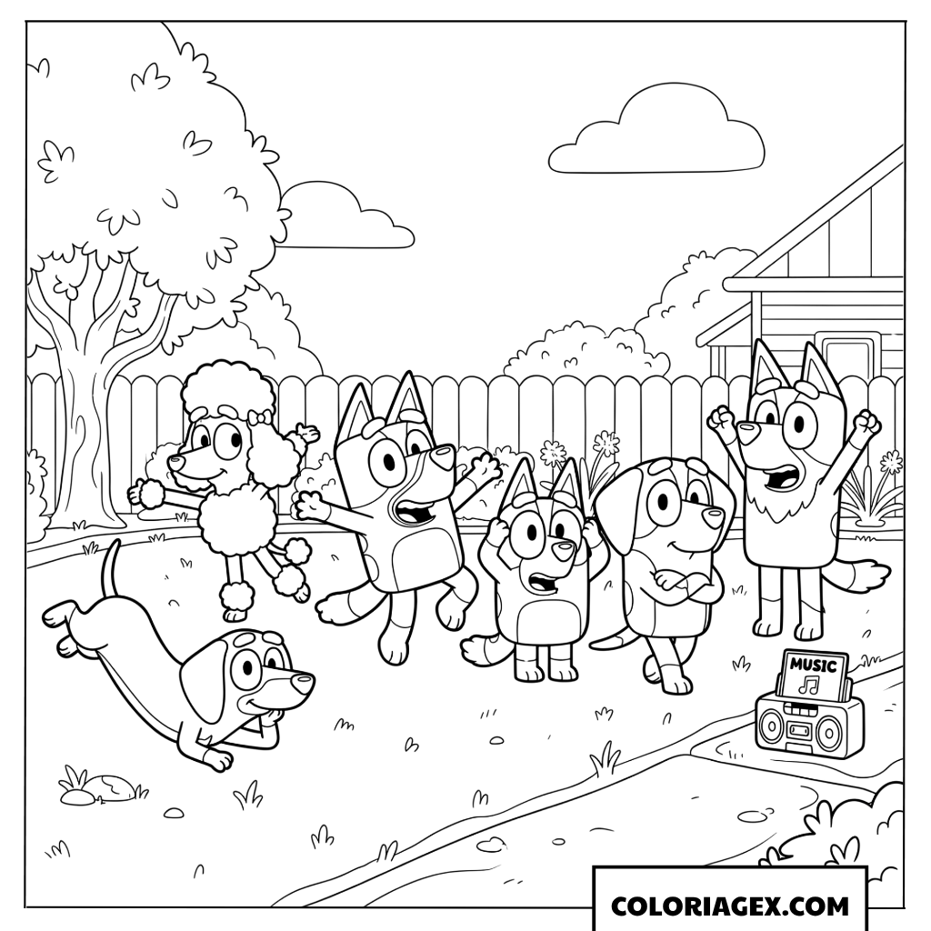 Dessin à colorier Bluey et ses amis dansent dans le jardin
