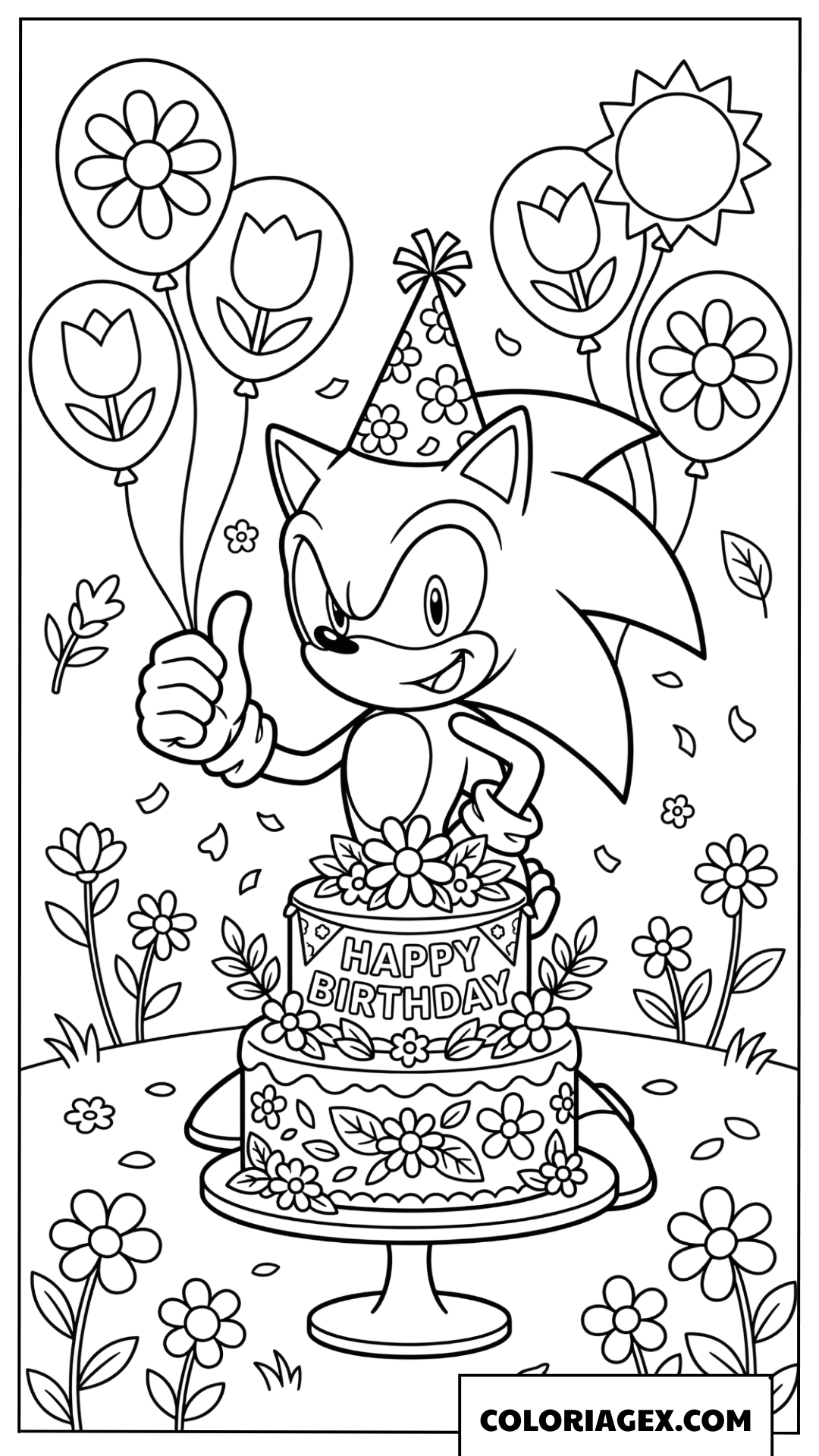 Dessin anniversaire de printemps de Sonic avec ballons fleuris