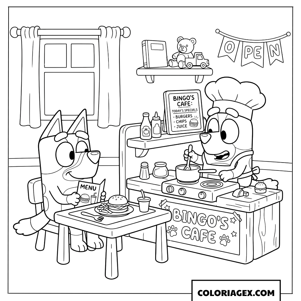 Dessin de Bingo cuisinant dans son petit café pour Bluey